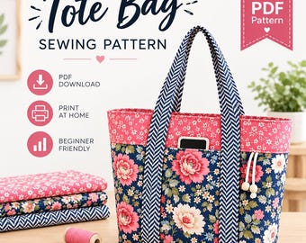 DIY Fabric Shoulder Bag | Quilted Tote Bag Sewing Pattern PDF | Market Tote Bag Pattern with Pockets | Beginner Sewing Pattern