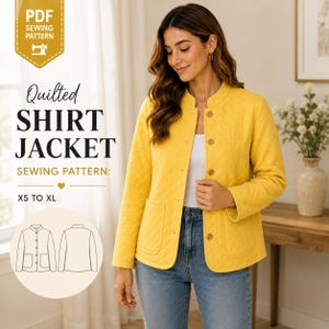 May include: A yellow quilted shirt jacket with a mandarin collar, long sleeves, and a button-front closure. The jacket features two front patch pockets and a diamond-stitched pattern. Text on the image reads PDF SEWING PATTERN QUILTED SHIRT JACKET.