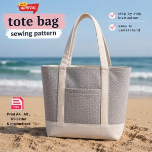 May include: A grey tote bag with white polka dots, a front pocket, and cream-coloured handles and base. The words "tote bag sewing pattern" are displayed. The image also includes the text "step by step instruction" and "easy to understand".