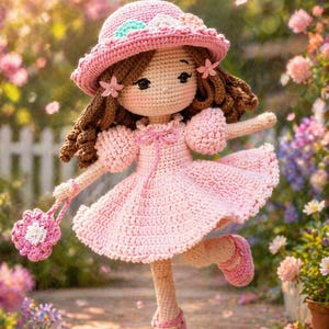 Op de afbeelding: Een handgemaakte gehaakte pop in een roze jurk, hoed en schoenen, met een bijpassende tas. De pop heeft bruin haar en is versierd met roze bloemen. De pop staat op een houten oppervlak met een bloemenachtergrond.