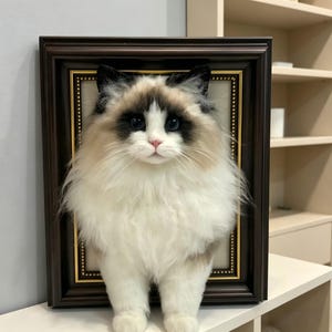 May include: A framed, three-dimensional cat sculpture. The cat has fluffy white and beige fur, with black markings on its ears and face. It has blue eyes and a pink nose. The frame is dark brown with a gold inner border. The cat appears to be standing.