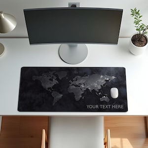 Custom World Map Desk Mat, Dark Monochrome Globe Desk Pad, Personalized Textured Charcoal Mousepad, Executive Travel Decor, Gift for Him