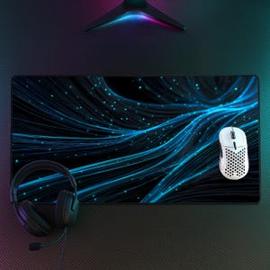 Blue Fiber Optic Desk Mat, Futuristic Neural Network Mousepad, Tech Gaming Decor Mousepad, Large Pad for Gamers