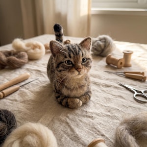 May include: A needle-felted brown tabby cat figurine with dark stripes, pointed ears, and a curled tail. The cat is positioned among various crafting supplies, including wooden spools, metal scissors, felting needles, and tufts of wool.