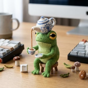 Puede incluir: Una caprichosa figura de rana de fieltro, verde con ojos amarillos, sentada en un pequeño taburete de madera. Tiene una tetera en miniatura con diseños florales azules en la cabeza, vertiendo té en una taza. La rana mide 1,5 cm.
