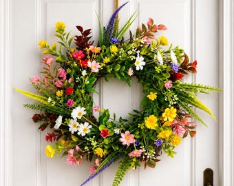 Ghirlanda di fiori selvatici dai colori pastello, ghirlanda estiva colorata, ghirlanda artificiale estiva e primaverile, decorazione per la porta d'ingresso, regalo per l'inaugurazione della casa.