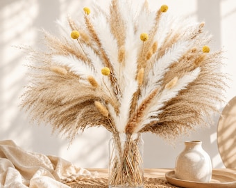 Ramo de hierba de la Pampa seca, hierba cola de conejo y craspedia, arreglo floral seco estilo boho para decoración de jarrones.