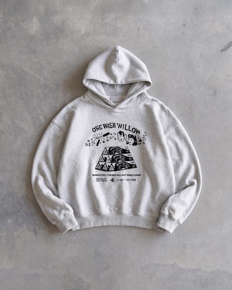 May include: A light gray hoodie with a hood and long sleeves. The front features a black graphic with the text "ONE WISH WILLOW" and the phrase "REMOVE PRO THE BOX AND JUST MAKE A WISH". The hoodie has a relaxed fit.