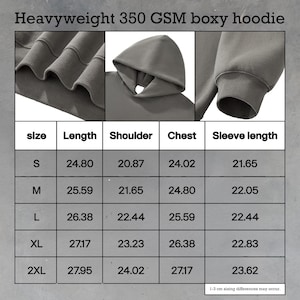 May include: A gray heavyweight 350 GSM boxy hoodie. The image shows close-up details of the hood, sleeve, and fabric texture. A size chart with measurements in inches is also included. The hoodie is available in sizes S, M, L, XL, and 2XL.