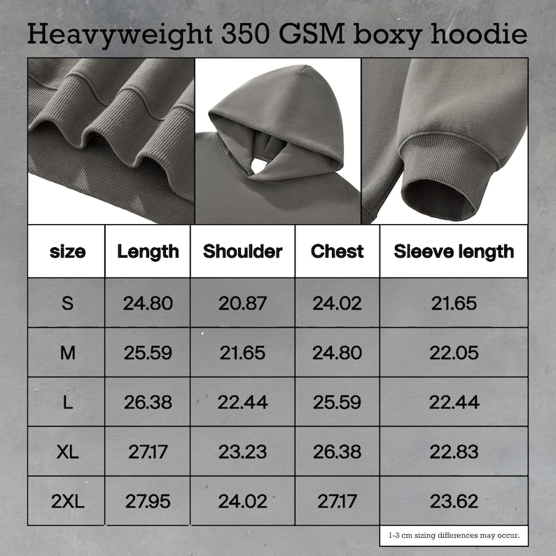 May include: A gray heavyweight 350 GSM boxy hoodie. The image shows close-up details of the hood, sleeve, and fabric texture. A size chart with measurements in inches is also included. The hoodie is available in sizes S, M, L, XL, and 2XL.