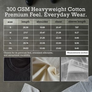 Pu&ograve; includere: Una tabella delle taglie per una t-shirt in cotone pesante da 300 GSM con colonne per lunghezza, spalla, torace e lunghezza manica in pollici per le taglie dalla S alla 2XL. Include tre campioni di tessuto dettagliati con texture e cuciture.
