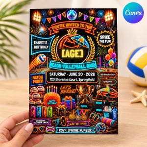 Pode incluir: Um convite de aniversário de vôlei de praia com tema neon, fogos de artifício, uma bola, um troféu, um bolo e presentes. O texto inclui YOU'RE INVITED TO THE BEACH VOLLEYBALL BASH, [NAME]'S BIRTHDAY, [AGE], SPIKE THE FUN, MATCH POINT e LET'S SERVE.