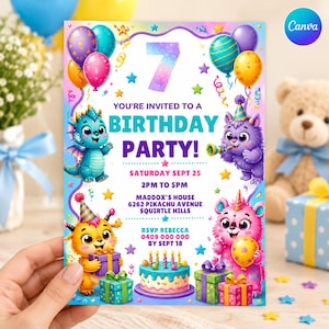 May include: A birthday party invitation card featuring a large number 7, colorful balloons, stars, and four cartoon creatures. The text reads: YOU'RE INVITED TO A BIRTHDAY PARTY! SATURDAY SEPT 25, 2PM TO 5PM, MADDOX'S HOUSE, 6262 PIKACHU AVENUE.