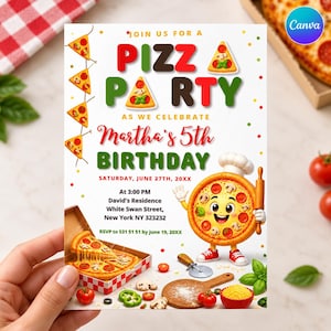 Könnte beinhalten: Eine Geburtstagseinladungskarte mit dem Text PIZZA PARTY und Martha's 5th BIRTHDAY. Das Design zeigt eine Pizza-Comicfigur mit Kochmütze, einen Pizzakarton mit einem Stück Pizza und buntes Konfetti auf einem weißen Hintergrund.