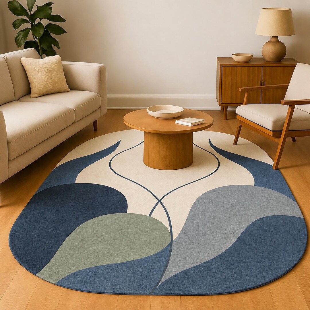 Modern Round Outdoor Rug Blue Beige Abstract Geometric Carpet Patio ...