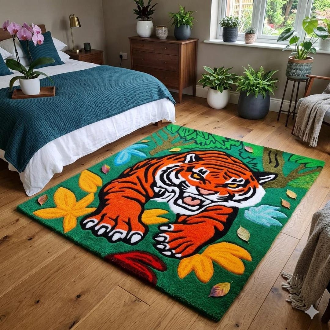 Handmade Tiger Rug – Jungle Theme Tufted Carpet, Bold Animal Design ...