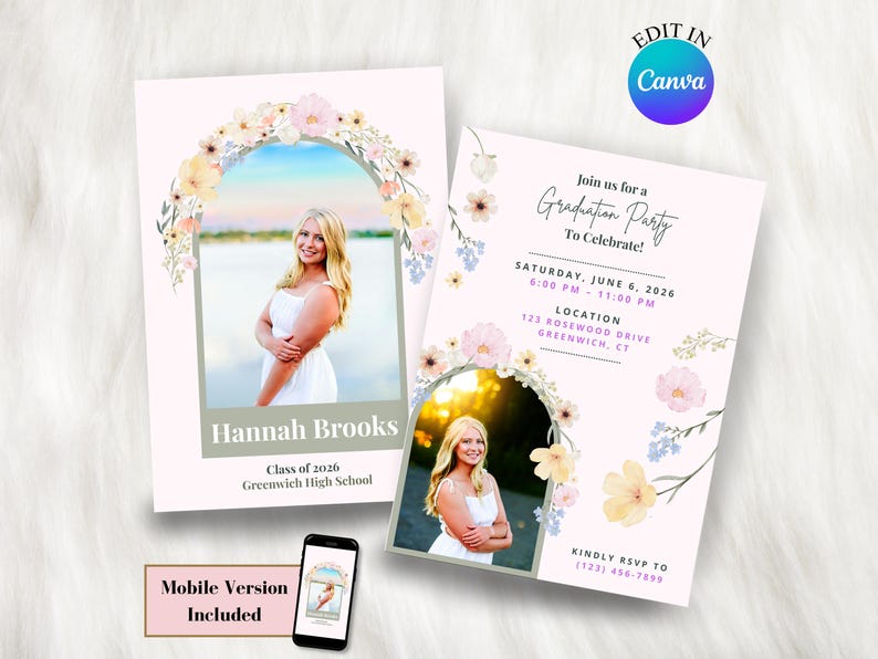 Floral Graduation Invitation Template, Pastel Pink Grad Party Invite ...