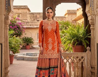 Pakisrani  Silk Sharara Suit, Festive Wedding Kurti, Printed Palazzo Set