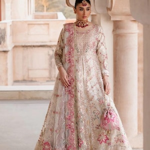 Ivory Gold Zardozi Embroidered Anarkali Pishwas with Potli Bag | Pakistani Bridal Wedding Wear