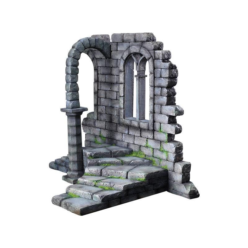 JXK Studio Medieval Ruins Diorama: Gothic Stone Wall, Arched Window, Steps (1/12 Scale)