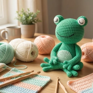 May include: A green crocheted frog plush toy with closed eyes and a light green belly, surrounded by several balls of pastel yarn in shades of mint, cream, peach, and blue, along with two wooden crochet hooks and two small crocheted fabric squares.