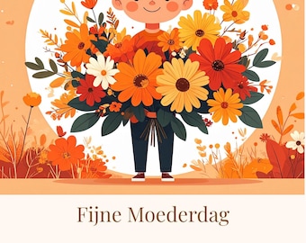 Moederdagkaart Afdrukbaar Blonde Jongen met Bloemen Digitale Download Fijne Moederdag Kaart voor Kinderen