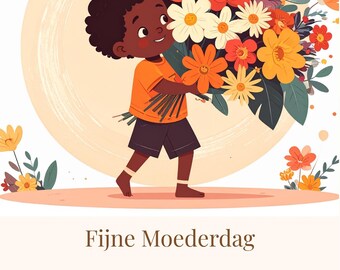 Moederdagkaart Afdrukbaar — Jongen met Bloemen — Digitale Download — Fijne Moederdag Kaart voor Kinderen