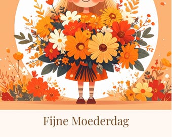 Moederdagkaart Afdrukbaar Blonde Meisje met Bloemen Digitale Download Fijne Moederdag Kaart voor Kinderen