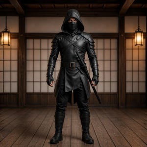 以下が含まれることがあります： フード付きの黒い衣装で、ベルト付きの長いチュニック、肩当て、指なし手袋が特徴です。セットにはフィット感のあるズボンとバックル付きの長いブーツが含まれています。黒い柄の長い剣が衣装の横に保持されています。