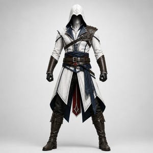Könnte beinhalten: Ein weiß-blauer langer Mantel mit Kapuze, brauner Lederschulterpanzerung, braunen Lederarmschienen und einem dunkelbraunen Gürtel. Das Outfit umfasst eine schwarze Hose, dunkelbraune Lederstiefel und ein rotes Stoffteil am Hüftgürtel.