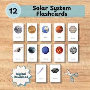 May include: A collection of 12 flashcards depicting the solar system, including planets and other celestial objects. The cards feature Mercury, Venus, Earth, Mars, Jupiter, Saturn, Uranus, Neptune, Sun, Moon, Comet, and Asteroid. The words "Solar System Flashcards" are at the top.