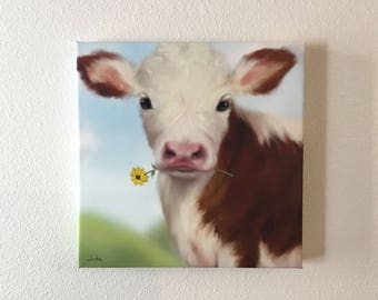 Cow Canvas Print, Farm Animal Baby Nursery, Kids Wall Art, 16"x16" Art Print