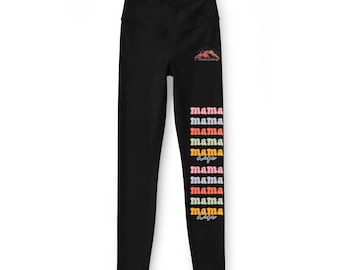 Leggings Mama Retro Script / estampado lateral repetido de Mama, insignia de puesta de sol en la montaña