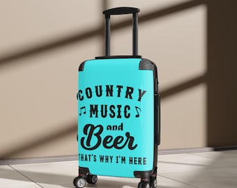 Mala de viagem com estampa de música country e cerveja | Capa turquesa para bagagem, com citação engraçada de música