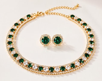 Emerald Crystal Choker Necklace Set, Gold Bridal Tennis Jewelry Gift