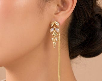 Pendientes colgantes de borla de cristal dorado, pendientes largos llamativos, joyería nupcial, regalo para ella.