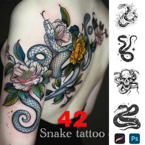 May include: A detailed tattoo design featuring a gray snake intertwined with colorful flowers and green leaves. The text "42 Snake tattoo" is displayed in red and white. Additional snake tattoo designs are shown on the right.