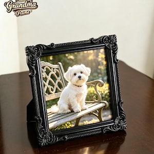 May include: A black ornate picture frame with decorative corner detailing containing a photograph of a small white dog sitting on a metal bench. The text Grandma Frame is visible in the upper left corner of the image in a brown script font.