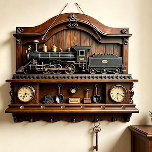 May include: A dark wood wall-mounted organizer featuring a black steam locomotive model on top. Below are two round analog clocks with Roman numerals, miniature shovel and tool accents, and a row of metal hooks for hanging items, including a large key.