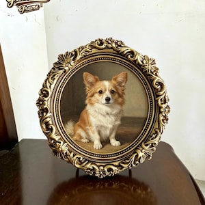 May include: A round, ornate gold-colored picture frame featuring intricate floral and scrollwork detailing. Inside the frame is a portrait of a long-haired, tan and white dog sitting in a neutral-toned room. The text Grandma Frame is in the corner.
