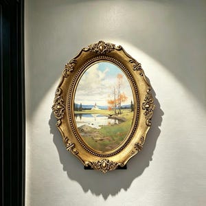 May include: An oval-shaped landscape painting housed in an ornate, textured gold frame. The artwork depicts a serene scene with a calm lake, grassy fields, sparse trees with autumn-colored foliage, and a distant building under a blue sky with clouds.