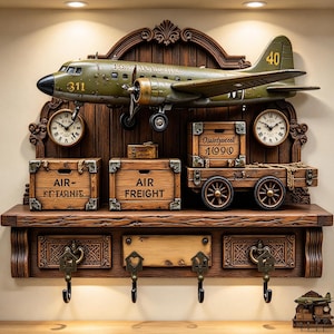May include: A wall-mounted wooden shelf featuring an olive green airplane model, two analog clocks, and wooden crates labeled AIR FREIGHT and 1990. The unit includes four metal hooks for hanging items, with decorative carvings and a dark brown finish.