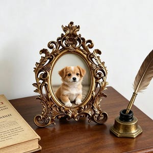 Pode incluir: Uma moldura oval dourada ornamentada com volutas e motivos de folhas, contendo a fotografia de um pequeno cachorro castanho e branco. Ao lado da moldura, encontra-se um tinteiro de latão com uma pena castanha e um livro antigo.