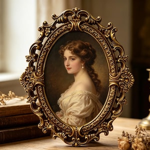 May include: An oval portrait painting of a person with wavy brown hair wearing a cream-colored garment and a pearl earring, encased in an ornate, antique-style gold frame with intricate scrollwork and floral detailing along the edges.