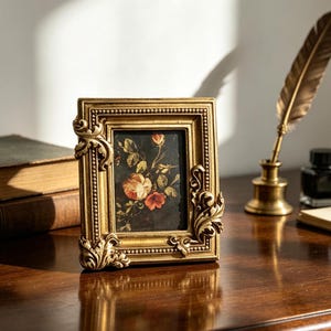 Puede incluir: Un marco de fotos rectangular dorado con adornos en forma de hoja en las esquinas y un borde interior con cuentas. El marco contiene una impresión oscura con un arreglo floral de rosas y hojas en tonos rojos, naranjas y verdes.
