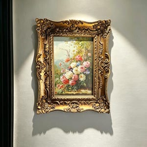 Marco barroco dorado ornamentado, con tallas florales en forma de volutas, decoración de mesa o pared (foto de 10 x 15 cm)