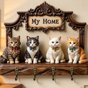 May include: A wall-mounted wooden key holder featuring a decorative frame with the text My Home. Four cat figurines sit on the shelf, each wearing a colored bow tie with a small bell. Four metal hooks are attached to the bottom of the shelf.