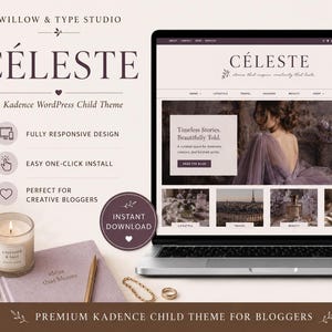 Puede incluir: Un ordenador portátil muestra un diseño de sitio web con la palabra "CÉLESTE" en la parte superior. La imagen incluye una vela, un cuaderno, un bolígrafo, joyas y un jarrón con flores. El texto en la pantalla dice "Timeless Stories. Beautifully Told." y "A Kadence WordPress Child Theme."