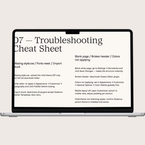 K&ouml;nnte beinhalten: Ein Laptop mit einem "Troubleshooting Cheat Sheet" mit L&ouml;sungen f&uuml;r Website-Probleme. Der Bildschirm zeigt Text zu fehlenden Stilen, Schriftart-Resets, leeren Seiten und Farbproblemen. Der Laptop ist silberfarben.