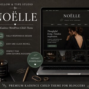 Op de afbeelding: Een laptop toont het Noëlle Kadence WordPress-kindthema met een donkere esthetiek. Het scherm toont een blogindeling met tekst, afbeeldingen en menu's. Naast de laptop staan een zwarte kaars, een notitieboek en een pen op het oppervlak.